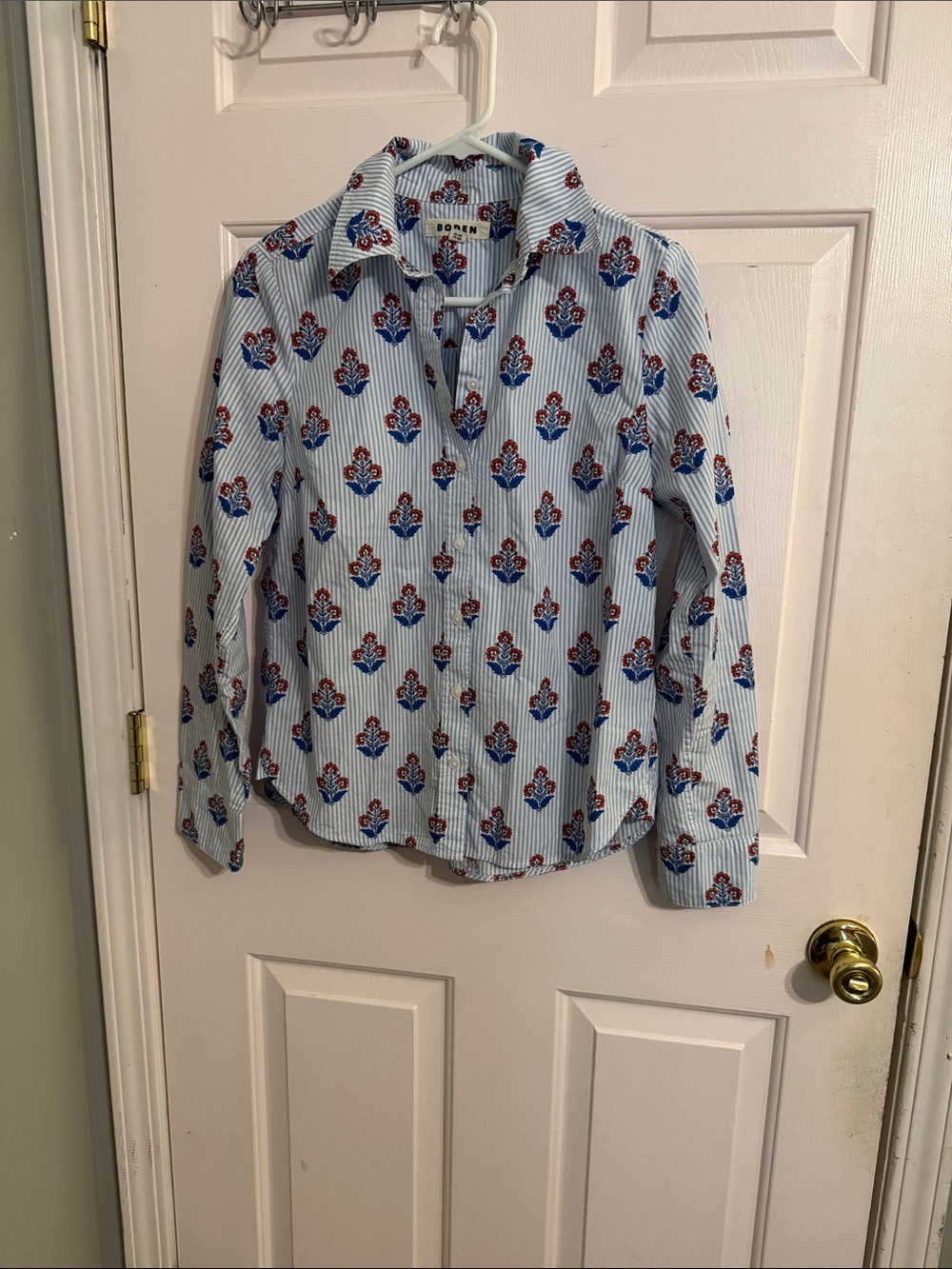Boden Light Blue Striped Button-Down with Red & Navy Floral Motif